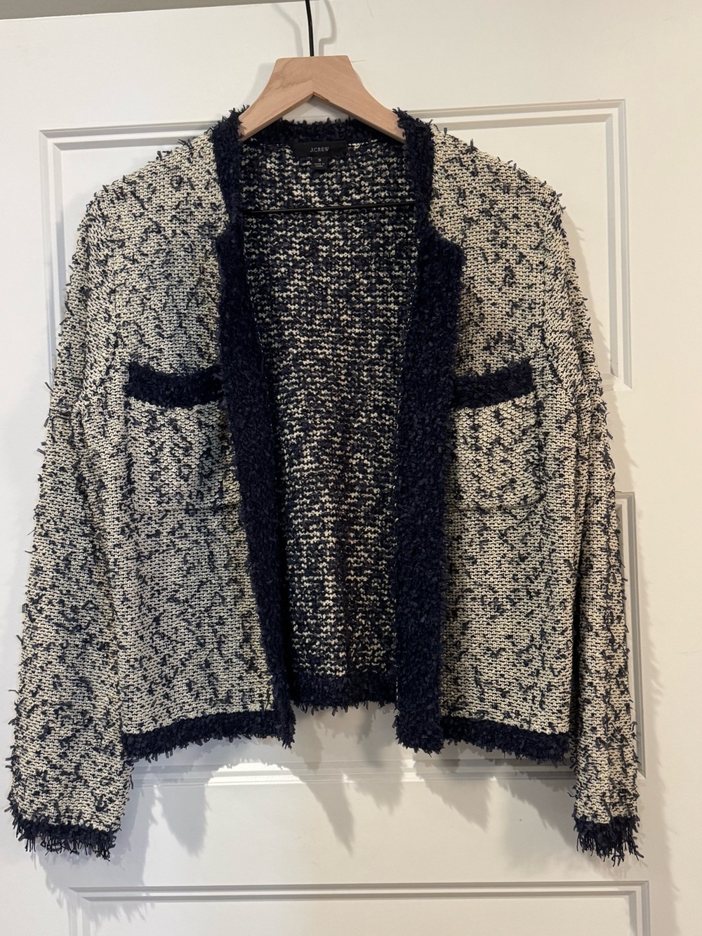J. Crew Navy and Cream Bouclé Open Cardigan Sweater